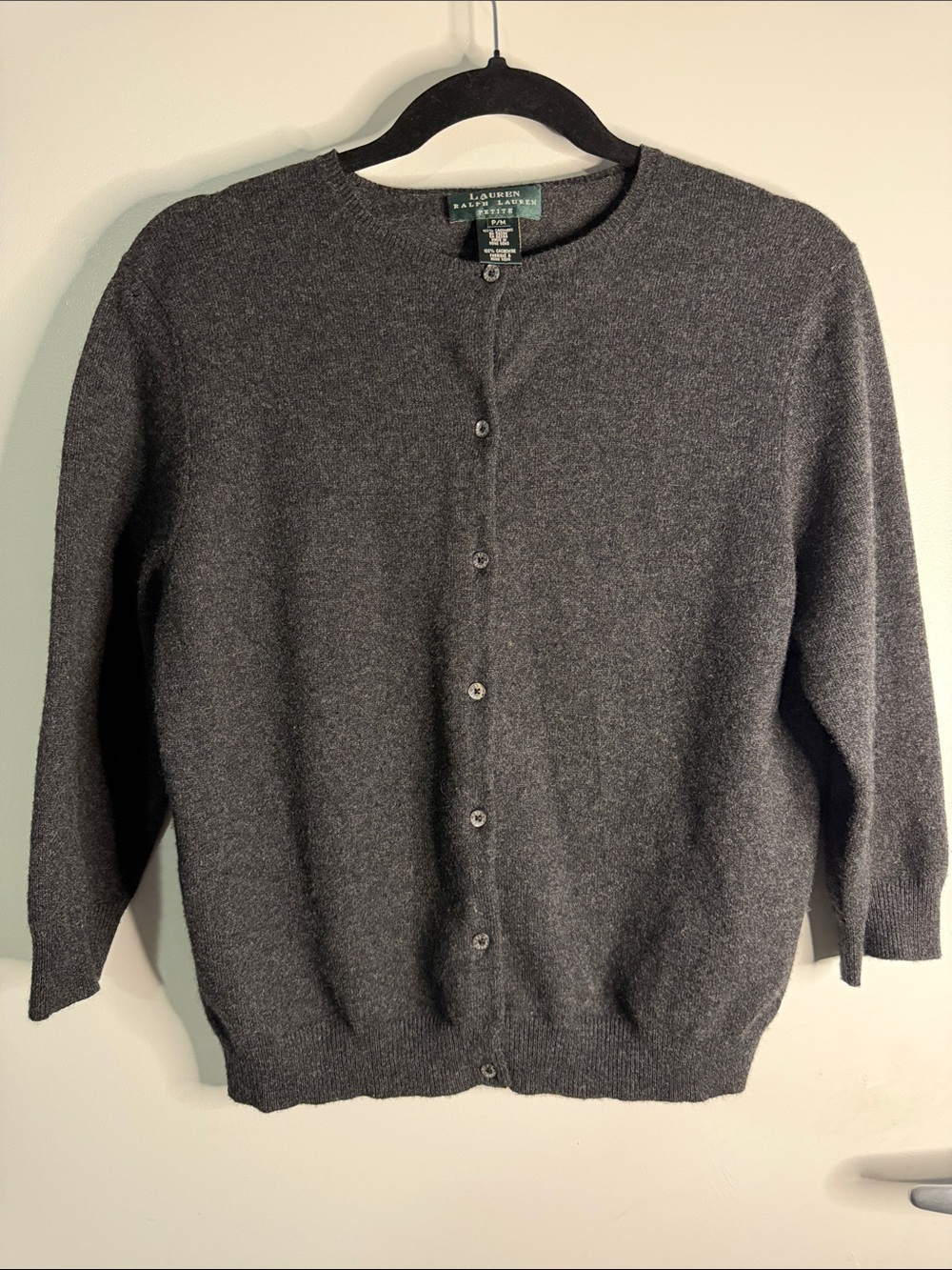 Lauren Ralph Lauren Women’s Charcoal Gray Button-Front 100% Cashmere Cardigan PM